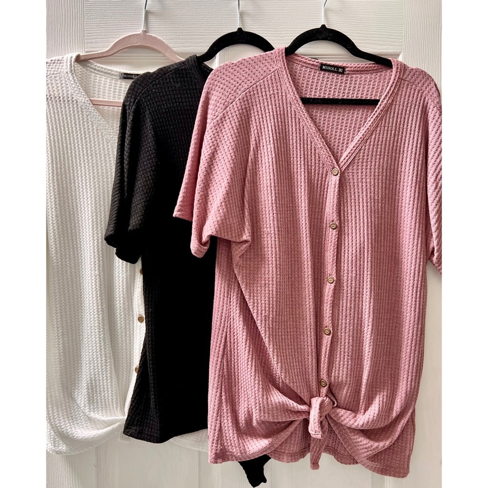 3-Pack Waffle Knit Short Sleeve Tops, Tie Front, Button Up, Mauve/Black/White XL